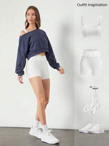 GLOWMODE Soft Skin-Friendly Washed Crop Off-Shoulder Ribbed Hem Cuffs Sweatshirt Daily Casual Wear