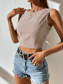 SHEIN Frenchy Women's Backless, Sleeveless, Plaid Bowknot , Minimalist And Fashionable Blouse, Suitable For Summer Party Brown Check