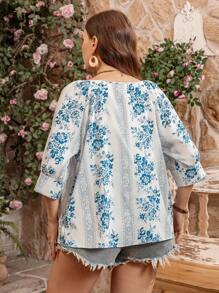 SHEIN LUNE Blusa de talla grande para mujer con cuello de lazo, manga 3/4 y estampado floral tejido, para el Día de San Valentín, conjuntos de verano para mujer, Día de San Patricio, atuendos para rave, festivales, vacaciones de primavera, estilo bohemio