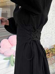 DAZY Surplice Neck Bishop Sleeve Lace Up Side Dress,Fall Clothes Long Sleeve Dress - Black - View 3