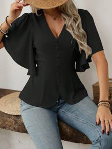 SHEIN Clasi Women's Classic Elegant V-Neck Button Decorated Flare Sleeve A-Line Blouse For Casual, Work, Travel, Spring/Summer