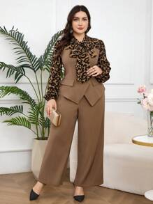 Modelyn Plus Size 2pcs Set Leopard Print Long Sleeve Shirt & Pants, Casual Simple Fashion Everyday Wear - Multicolor - View 6
