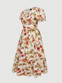 SHEIN MOD Plus Size Fruit Print Elegant Romantic Wrap Style Casual Vacation Dress. Tea Party Dresses.Dresses Summer - Multicolor - View 5