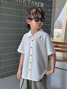 SHEIN Tween Boys' Solid Color Button Down Casual Shirt