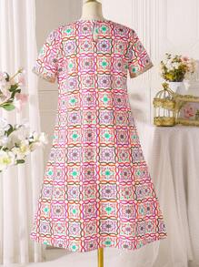 Tween Girls' Printed Elegant Ribbon Collar A-Line Dress - Multicolor - View 2