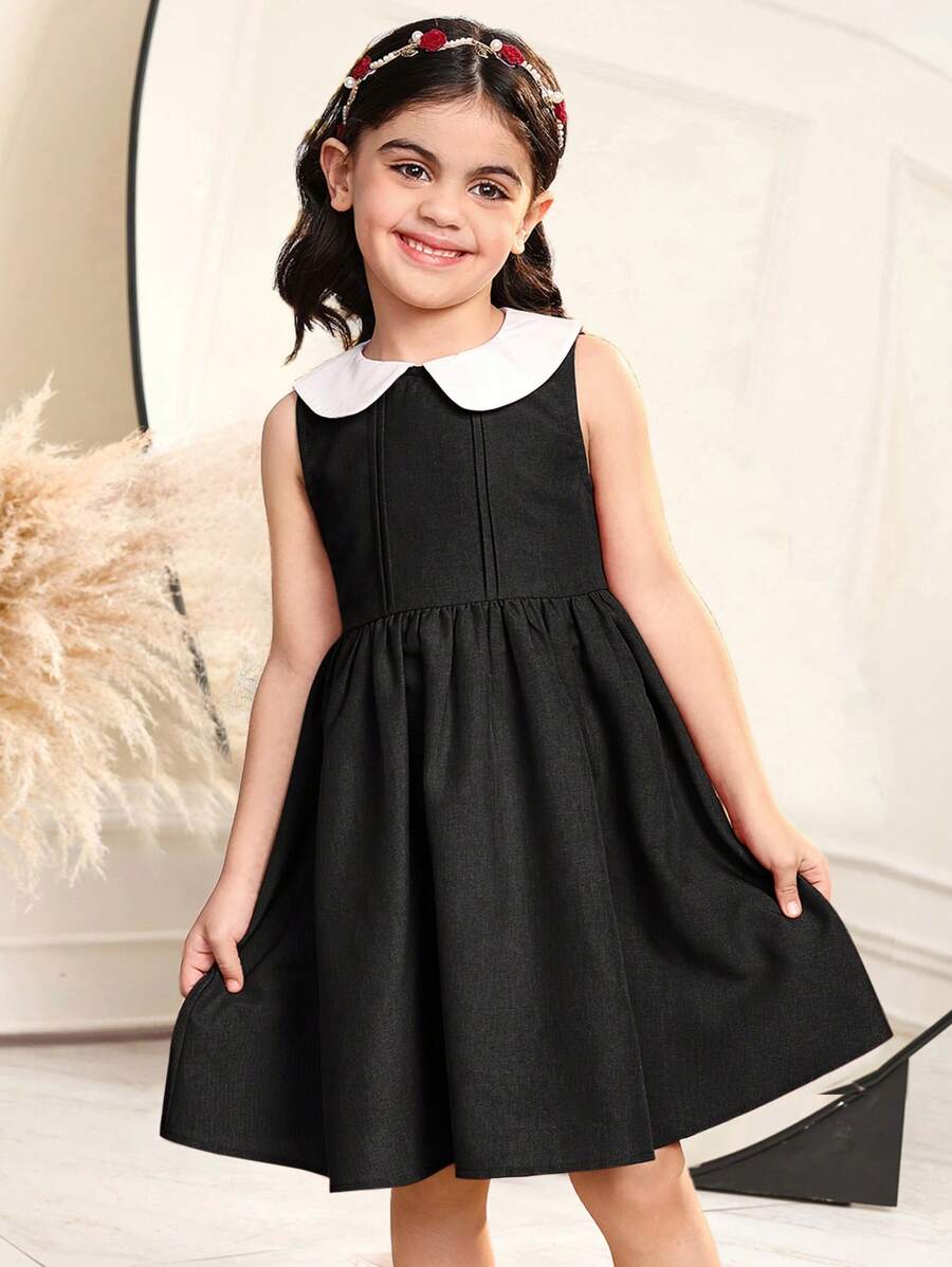 SHEIN Leap Crew Young Girl's Color Block Peter Pan Collar, Cute & Elegant & Sweet Peter Pan Collar, Fitting A- Line Dress, Valentine's Day, For School Daily Wear & Vacation & Holidays & Birthdays, Sisters Matching. - Black - View 1