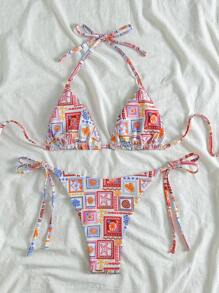 Soleia 女士彩色热带花卉印花拼接 V 领系带前比基尼套装，适合度假 - 彩色 - 查看 3