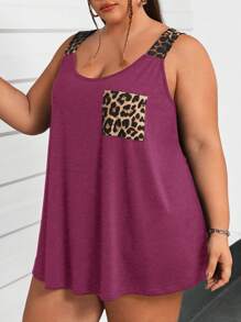 SHEIN CURVE+ Plus Size Women's Crew Neck Sleeveless Pocketed Leopard Print Patchwork Loose Fit Cami Top