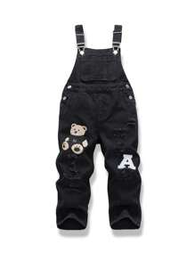 Young Boy Fashionable Casual Versatile Cute Graphic Bear & Letter Embroidered Denim Bib Overalls And Distressed Washed Denim Suspender Pants