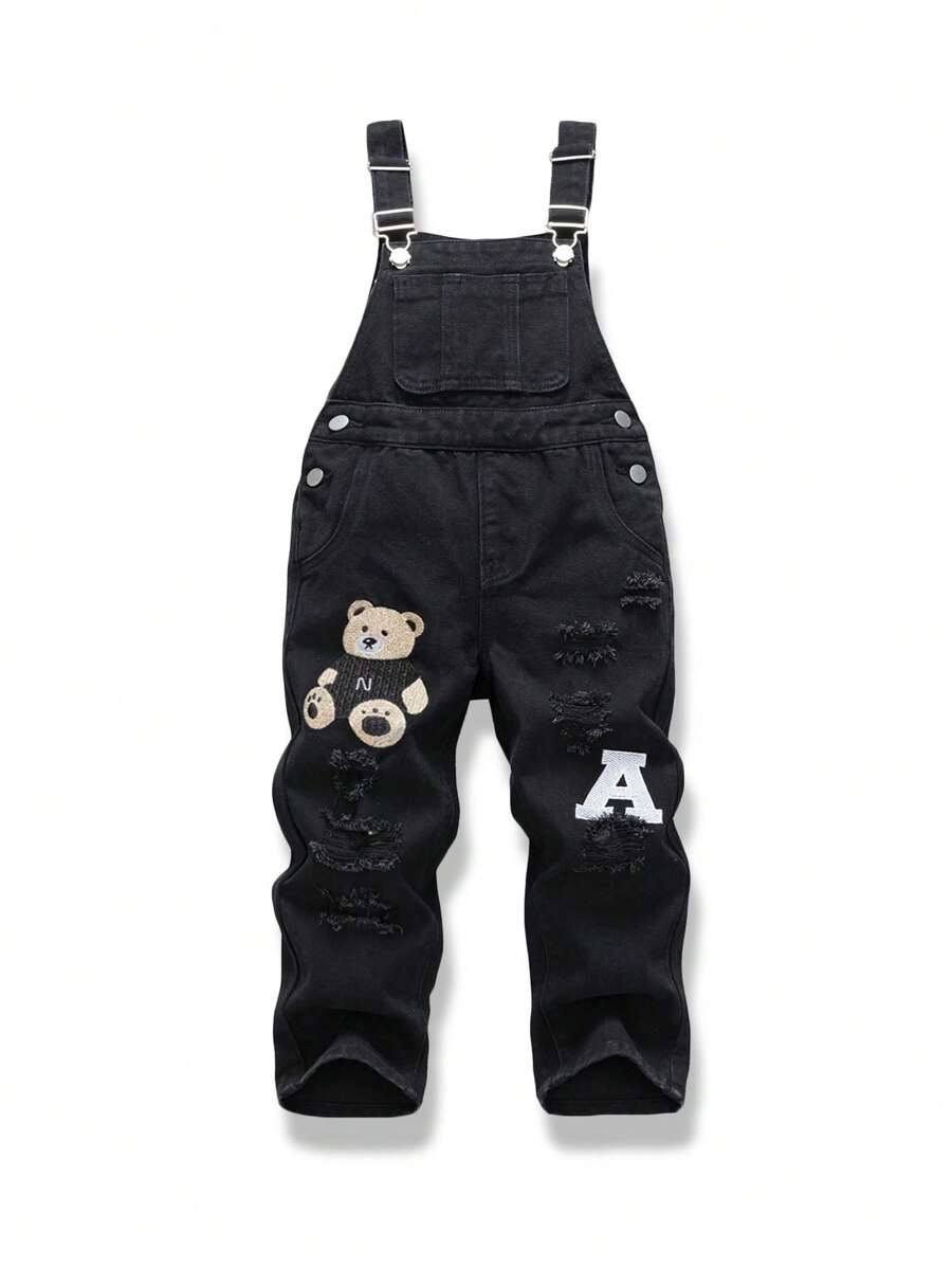 Young Boy Fashionable Casual Versatile Cute Graphic Bear & Letter Embroidered Denim Bib Overalls And Distressed Washed Denim Suspender Pants