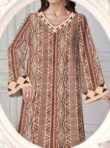 Al Najma Women Geometric Print V-Neck Long Sleeve Dress,Modest - Multicolor - View 6