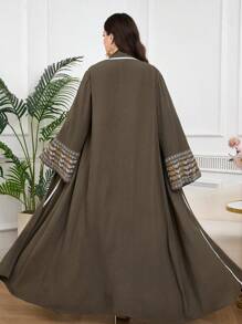 Al Najma Plus Size Elegant Floral Embroidered Flared Sleeve Jacket - Army Green - View 2