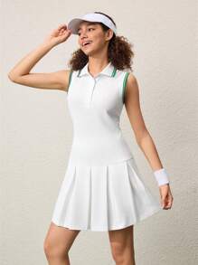 CourtClass Damen ärmelloses Kontrastbindung Plissee-Saum Sport-Kleid, Athletik-Kleid