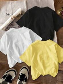 SHEIN 3pcs Young Girl Casual Simple Round Neck Short Sleeve T-Shirt, Suitable For Summer, School, Campus, College - Multicolor - View 2