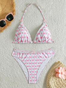 SHEIN Teen Girls Summer Beach Vacation Pink Ditsy Floral, Ruffle Trim, Bow, Rose Flower Decor Spaghetti Strap Crop Top Swimwear/Back-To-School Outfit, Cute, Holiday Family Outdoor Spring Picnic Everyday Wear, Suitable For Various Occasions - Multicolor - View 1