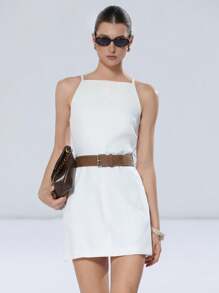 SHEIN Privé Minimalist Slim Strap Cold Shoulder Straight Fitted Short Spaghetti Strap Dress With Wide Belt, Commuter Style - White - View 6