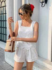 Pariaura Women's Fashionable Embroidery Fringe Square Neck Fitted Tank Top, Lightweight And Comfortable, Spring/Summer - White - View 1