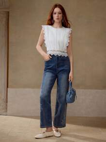 MOTF PREMIUM BLUSA CON CREMALLERA Y ENCAJE EN CONTRASTE - Blanco - Ver 7