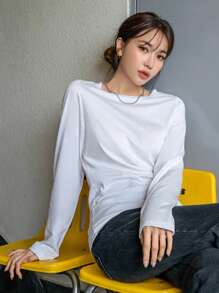 DAZY Solid Round Neck Tee,Fall Clothes Long Sleeve Women Tops - White - View 8
