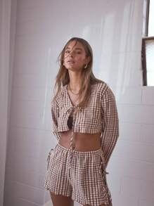 Aralina Gingham Tie Front Long Sleeve Two Pieces Summer Outfit Top And Short Set - Brown - View 5