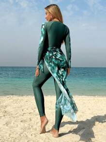 Swim Mulvari 1pc Women's Conservative Full Coverage One-Piece Swimwear, Tie-Dye Color Block, Green-Based, Suitable For Vacation - Multicolor - View 2