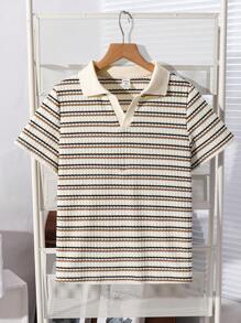 SHEIN LMoss Kids Camisa tipo polo de punto de manga corta con cuello de rayas, corte holgado para niños preadolescentes