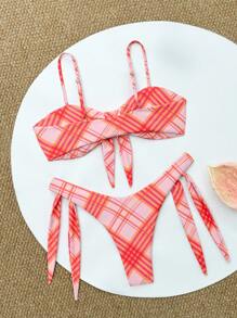 SHEIN Swim Vacation Plaid Bikini Swimwear Set (Random Print) For Summer - Multicolor - View 2