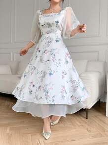 Modelyn Đầm lưới cổ vuông in hoa tay dài cho nữ, thanh lịch - trắng - Xem 2