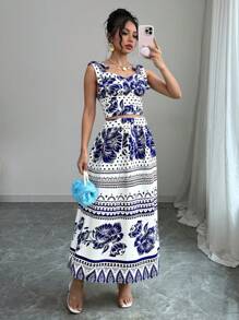 Chiquease Conjunto de 2 piezas de mujer con top/sujetador elegante y falda larga con estampado de porcelana azul y blanco para vacaciones
