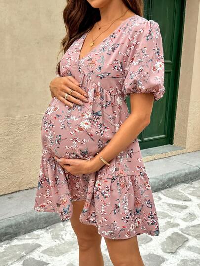 SHEIN Vestido de maternidad holgado con escote en V, mangas con volantes y estampado floral - Vestidos para baby shower de mujer - Vestidos cortos de mujer