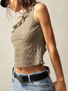 Bohemela Boho Women's Bohemian Style Casual Solid Color Knit Asymmetrical Neck Fitted Tank Top, For Summer Vacation - Army Green - View 7