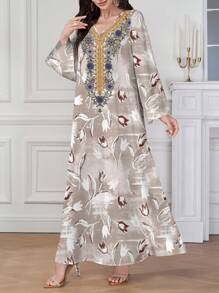 Al Najma Elegant Vintage Floral Placement Print V-Neck Dress For Women,Modest