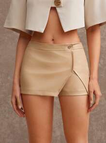 L'Amorae Sommer Damen, Modische Pendler Khaki einfarbige Kunstleder Shorts mit Schlitz-Saum, Damen Shorts, Lässig, Alltag, Büro Damen Shorts