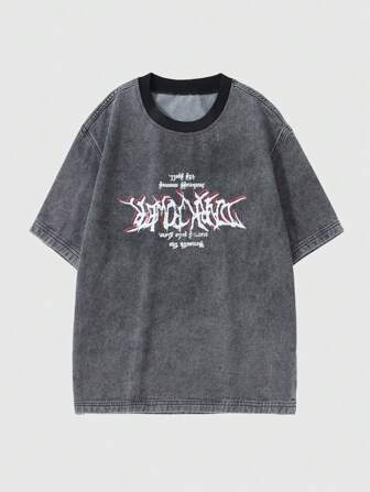 Herren Prep Buchstabe Muster Loose Fit Rundhals Kurzarm-Jeansoberteil