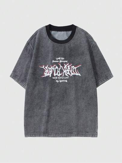 Prep Camiseta vaquera de manga corta y cuello redondo, con diseño de letras, corte holgado para hombres