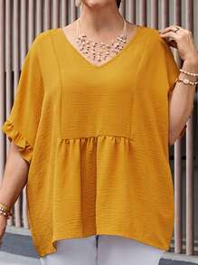 EMERY ROSE Plus Size Summer Yellow V-Neck Short Sleeve Ruched Boho Shirts Women,Summer Outfits For Women,Vacation Outfits Woman,Summer Shirts,Casual Everyday Wear,St Patrick Day Shirt - Yellow - View 6