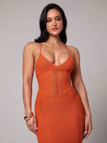 Silquee 女士纯橙色钩针镂空交叉后背弹力紧身长裙，适合海滩度假、女生夜生活、街头装扮、春假、泳池派对、欧洲度假、比基尼罩衫 - 亮橙色 - 查看 6