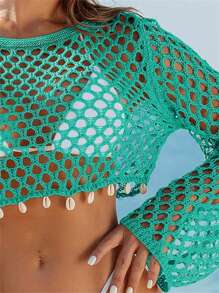 Swim Vcay Women's Vacation Solid Color Hollow Round Neck Long Sleeve Cropped Cover Up Cover Up - Green - View 4
