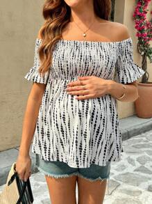 SHEIN Maternity T-Shirt With Off Shoulder, Cable Knit Top, Ruffle Striped Hem Summer Clothes Women Tops - Multicolor - View 7