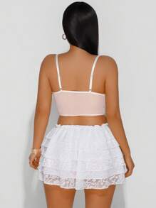 Zolique Conjunto de 2 piezas para mujer compuesto por una falda con volantes cómoda y alegre para primavera y un camisol con encaje y soporte en forma de V - Blanco - Ver 2