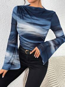 Chiquease Camiseta básica de manga larga con decoración plisada, estampado de teñido anudado y malla, estilo vintage americano para mujer en otoño/invierno y primavera