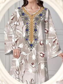 Al Najma Elegant Vintage Floral Placement Print V-Neck Dress For Women,Modest