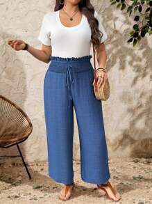 EMERY ROSE Pantalones de pierna ancha con textura de punto y cinturilla alta con nudo para mujeres de talla grande - Azul - Ver 4