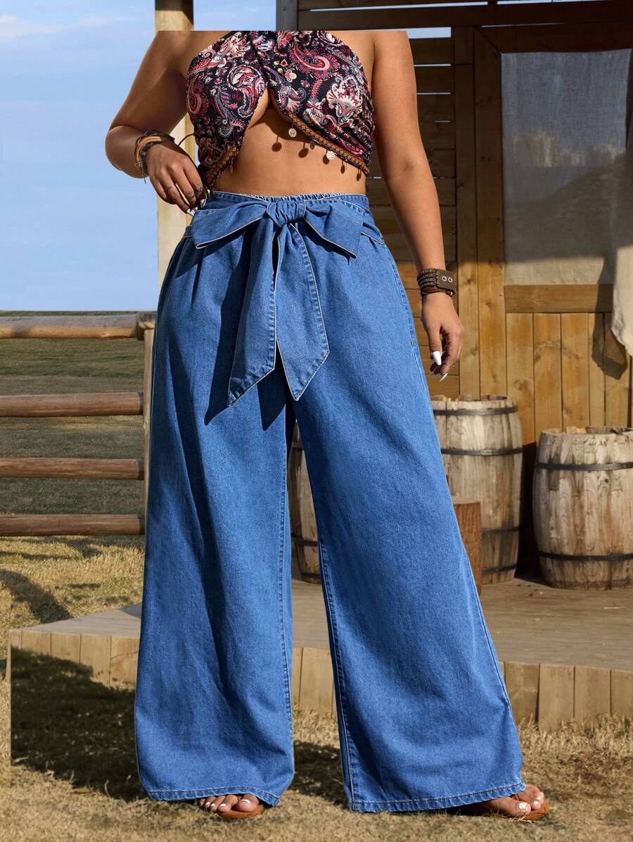 SHEIN LUNE Plus Size Women Loose Elastic Waist Casual Wide Leg Tie-Up Vacation Jeans - Blue - View 1