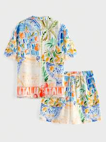 EASEVO 2 件大码男士彩色绘画风格短袖衬衫和宽松沙滩短裤套装，度假