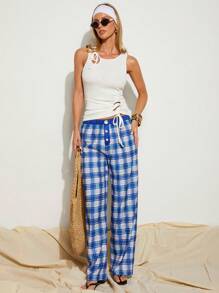 COSMINA Women's Plaid Button Design Straight Leg Loose Casual Pants - Blue and White - View 1