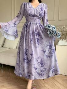 DAZY V-Neck Floral Print Midi Ruffled Hem Dress For Women Elegant,Fall Dress Long Sleeve Dress Easter - Purple - View 6