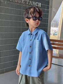 SHEIN Tween Boy Casual And Comfortable Short-Sleeved Shirt With Clean Color And Patch Decoration On Collar - Blue - View 5
