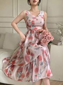 DAZY Vestido midi con cuello en V floral y sin mangas, con volantes, para mujer