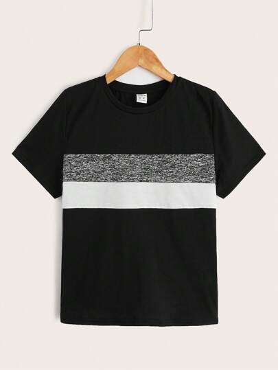 SHEIN Tween Boy Color-Block Round Neck Short Sleeve T-Shirt, Casual Summer Outfit